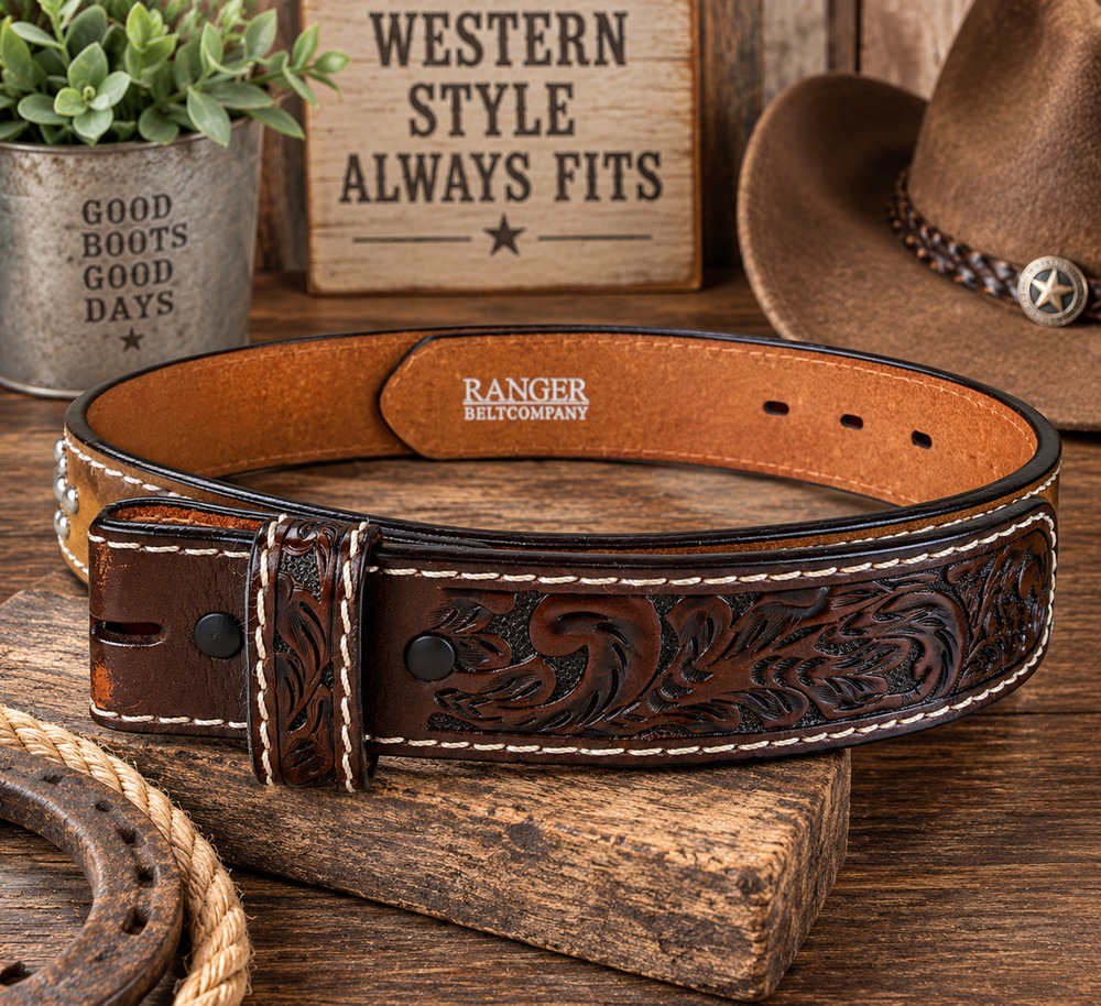 Ranger Belt Company Leather Tooled Western Belt 36" Brown Cowboy NO BUCKLE